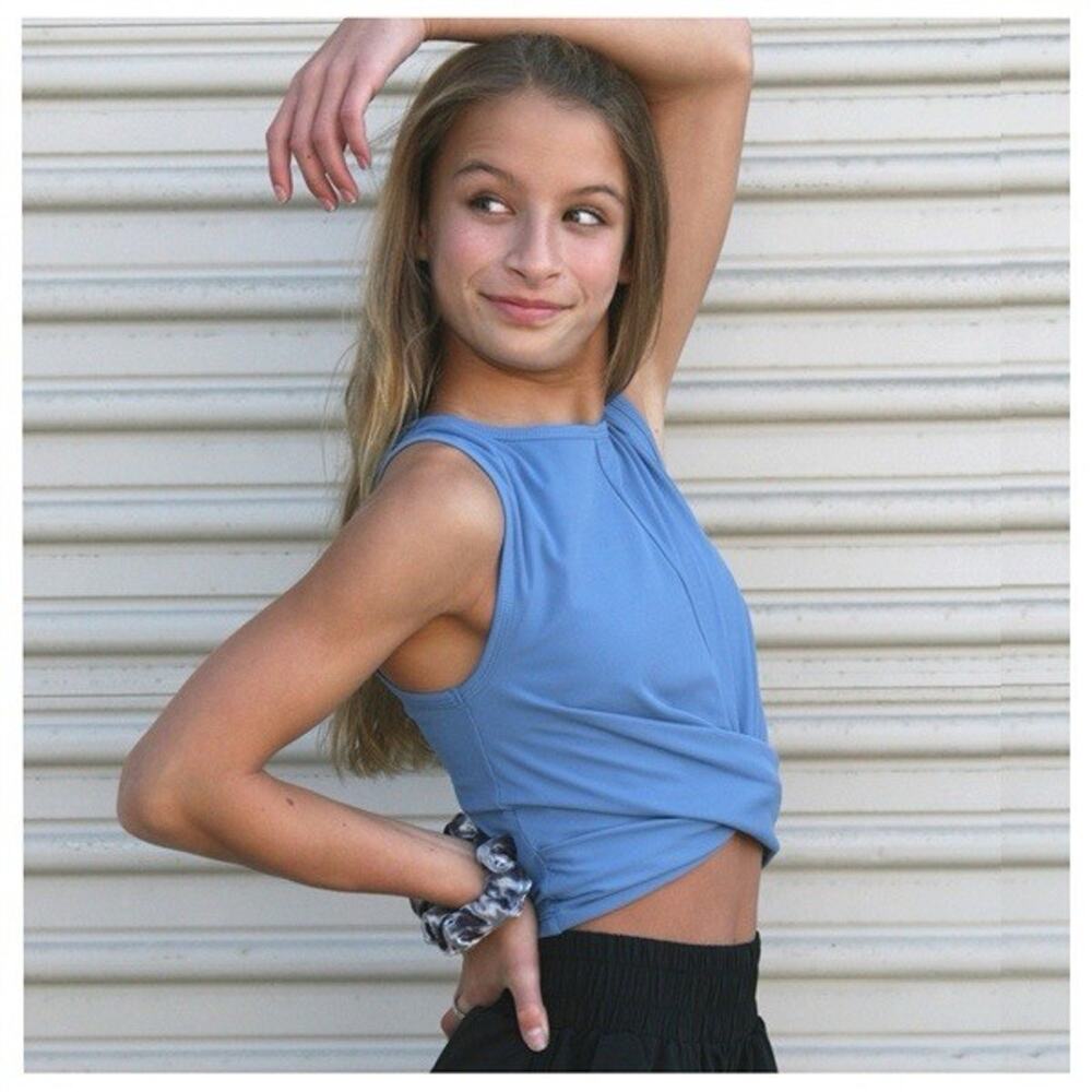 Honeycut Dance Girls Tempo Tank Size CM Blue Ribbed Twist Front Stretch Jazz Tap